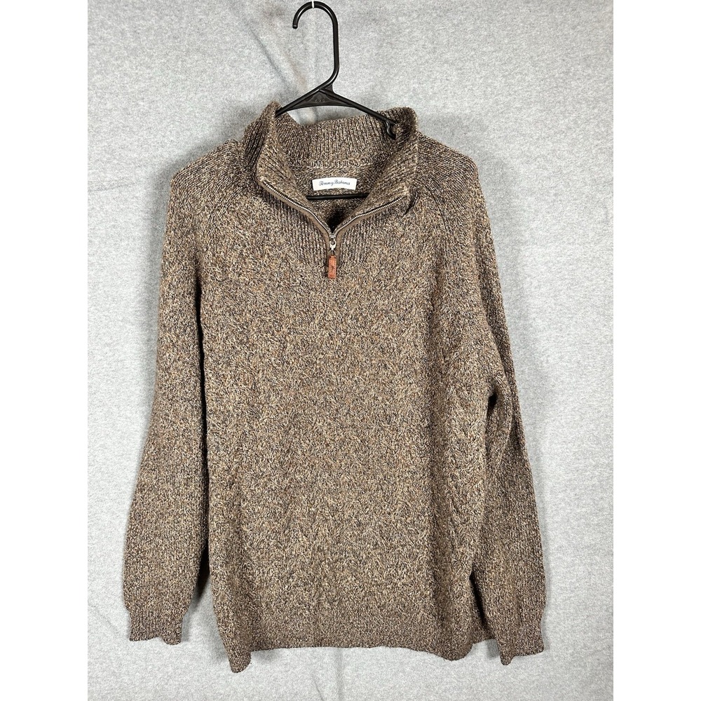 Tommy Bahama Men XL Quarter Zip Sweater Brown Marled Cable Knit Cotton Pullover